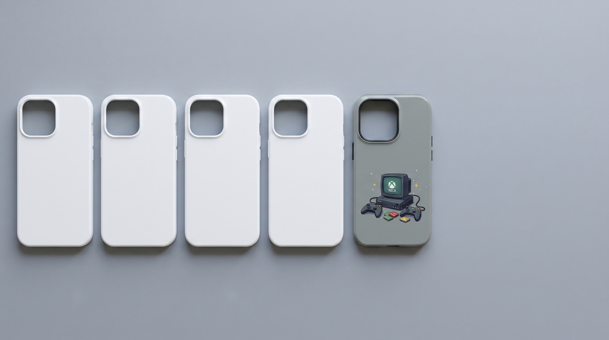 Five identical plain white phone cases in a row beside one printed Retro Gaming iPhone tough case